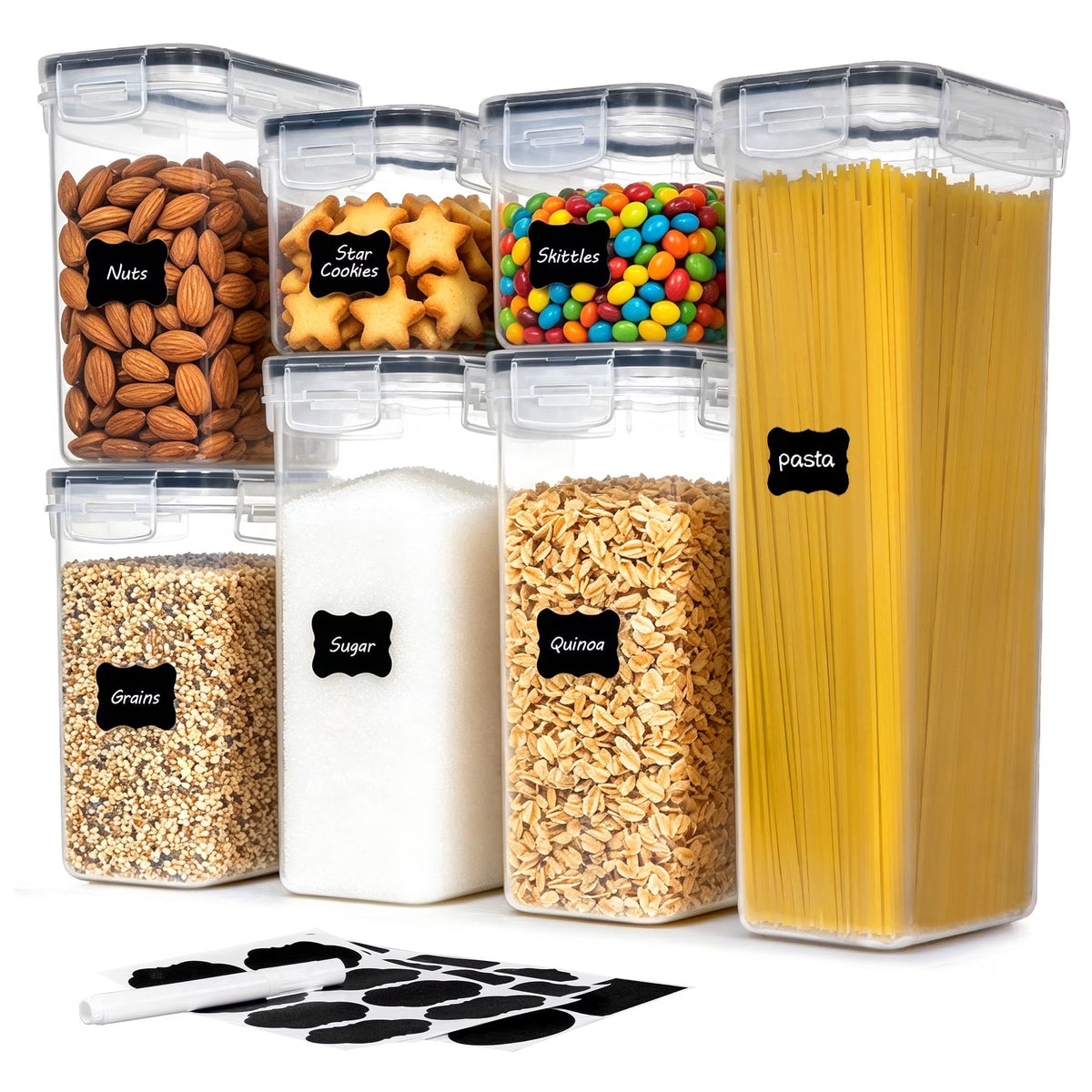 Airtight BPA-Free Food Storage Container Set, 7-Piece Plastic Canisters for Kitchen and Pantry Organization, Black