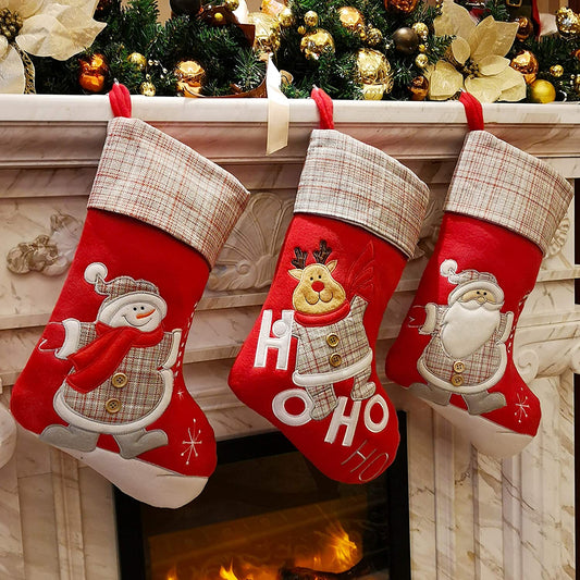 Elegant Christmas Stockings Set of 3: Santa, Snowman, and Reindeer Designs