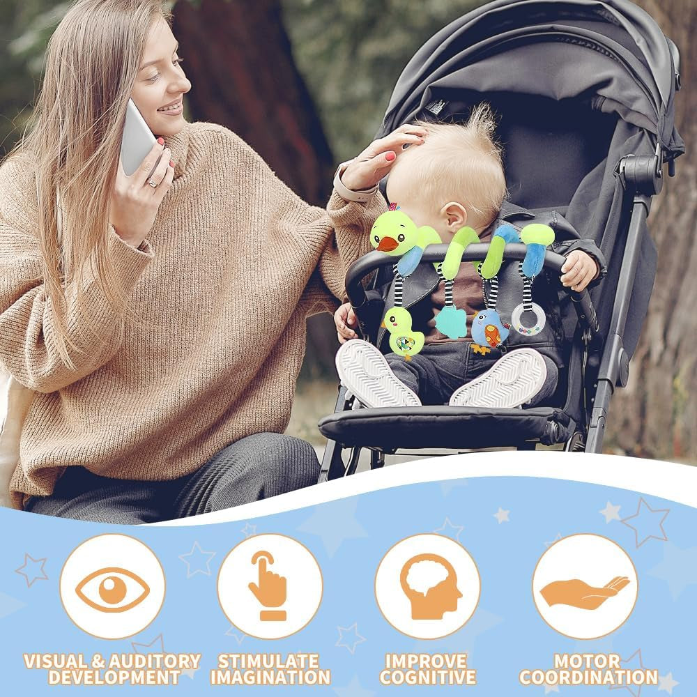 Plush Baby Car Seat Toys - Activity Spiral Hanging Pram Toys with Squeaker for Infants (Duck Design)