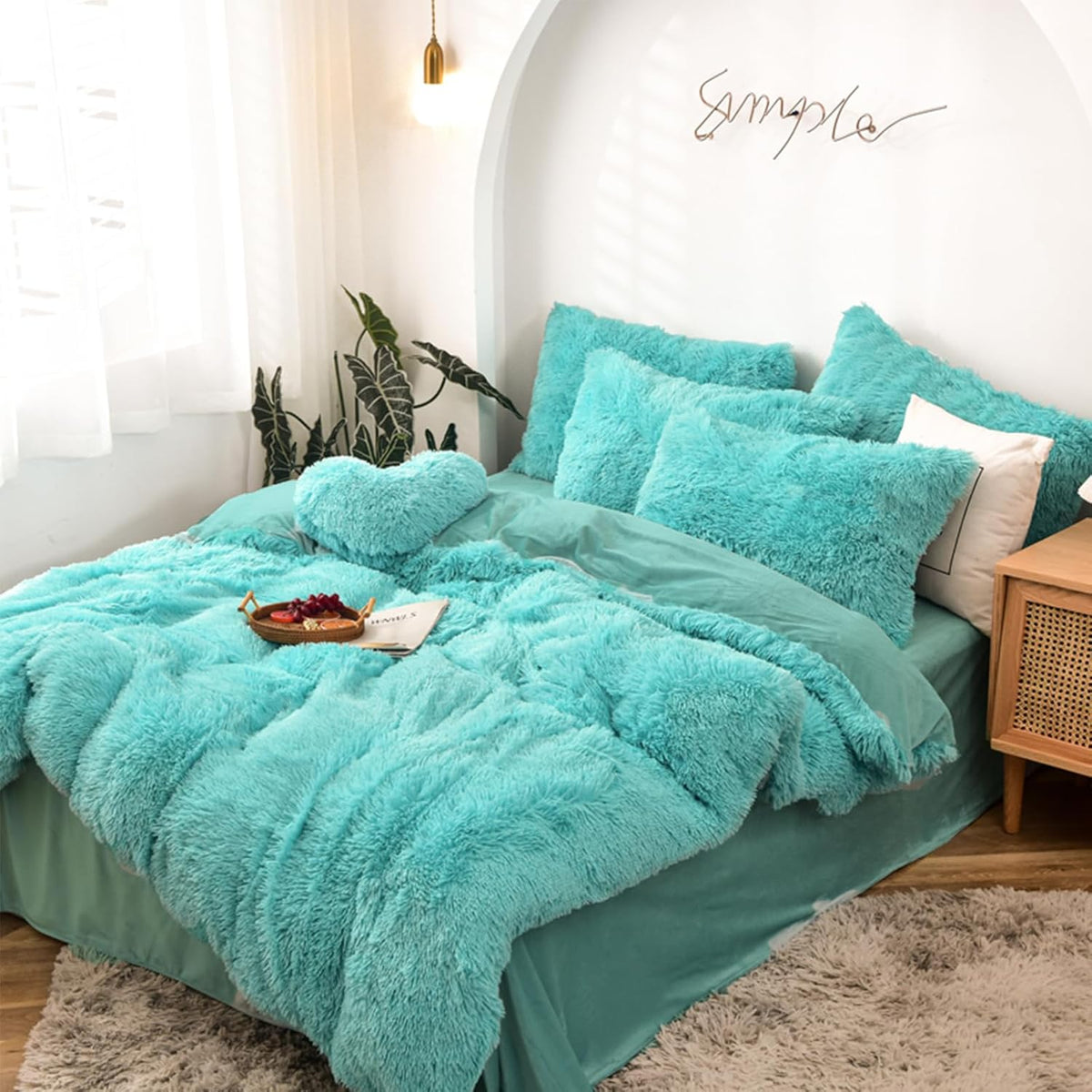 5-Piece Luxury Ultra-Soft Long Faux Fur Shaggy Duvet Cover Bedding Set (Aqua, King/California King)