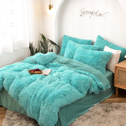 5-Piece Luxury Ultra-Soft Long Faux Fur Shaggy Duvet Cover Bedding Set (Aqua, King/California King)