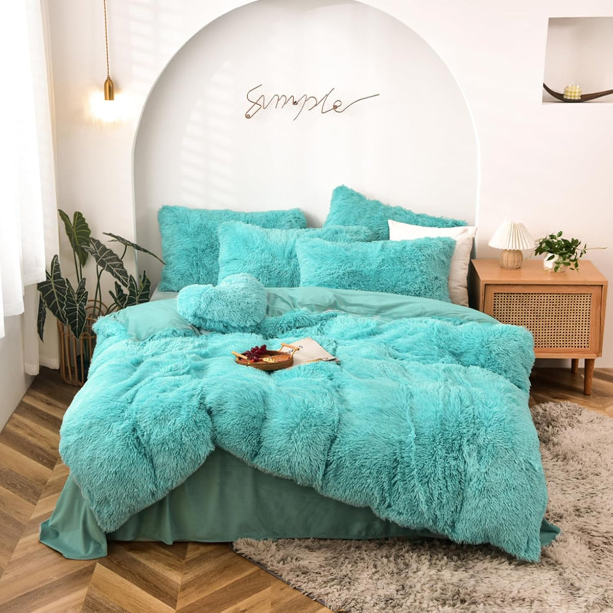 5-Piece Luxury Ultra-Soft Long Faux Fur Shaggy Duvet Cover Bedding Set (Aqua, King/California King)
