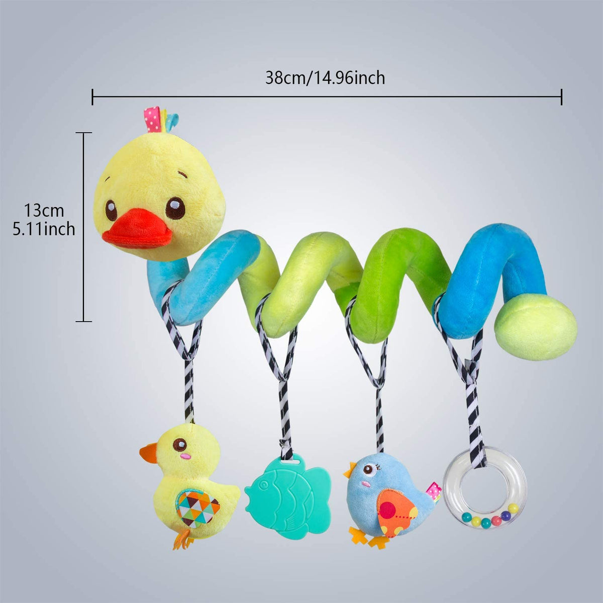 Plush Baby Car Seat Toys - Activity Spiral Hanging Pram Toys with Squeaker for Infants (Duck Design)