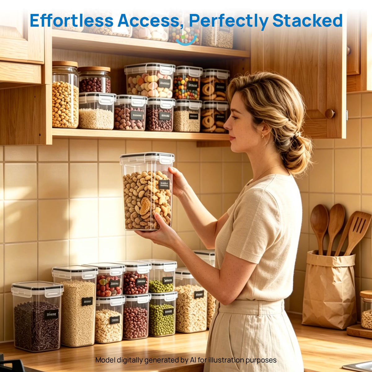 Airtight BPA-Free Food Storage Container Set, 7-Piece Plastic Canisters for Kitchen and Pantry Organization, Black