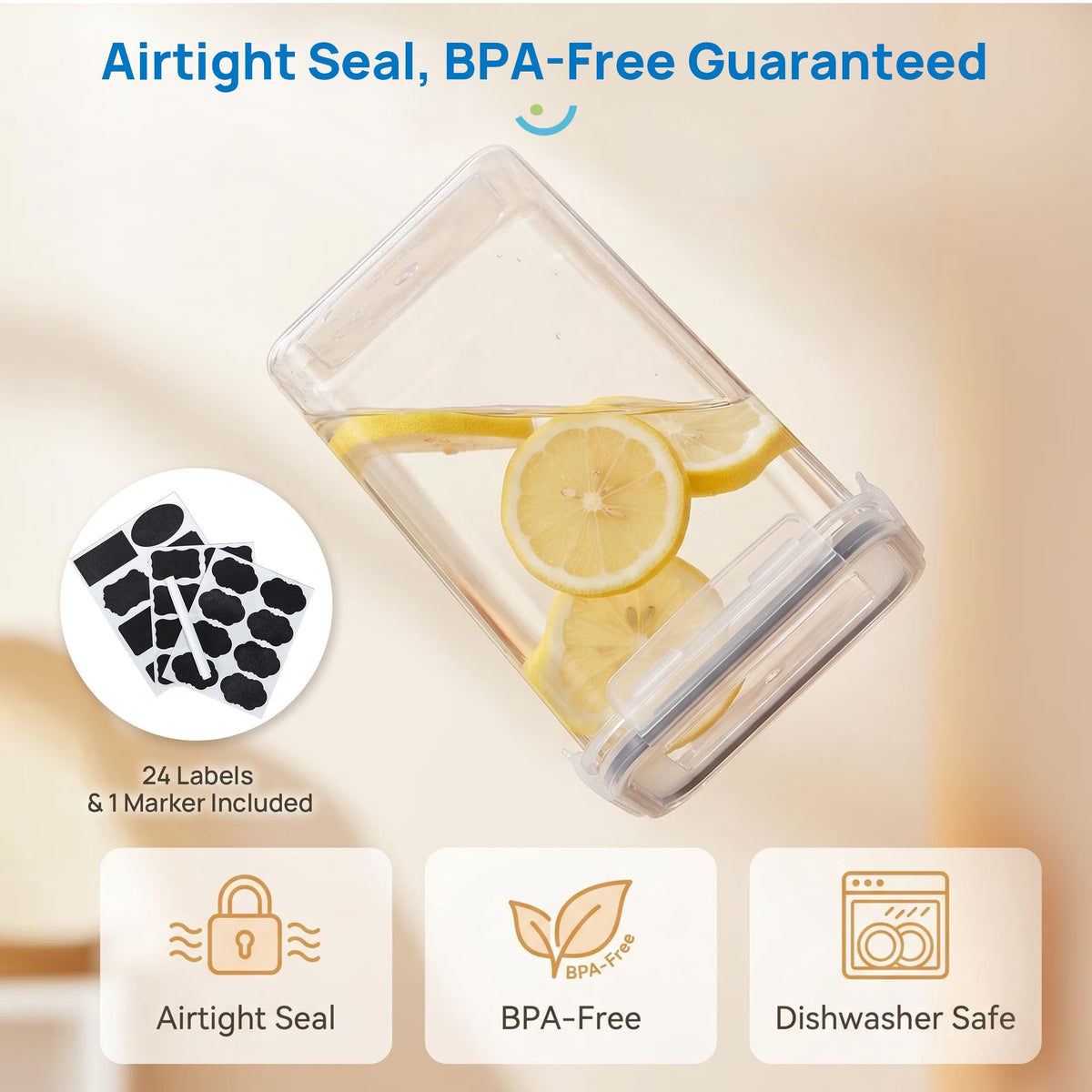 Airtight BPA-Free Food Storage Container Set, 7-Piece Plastic Canisters for Kitchen and Pantry Organization, Black
