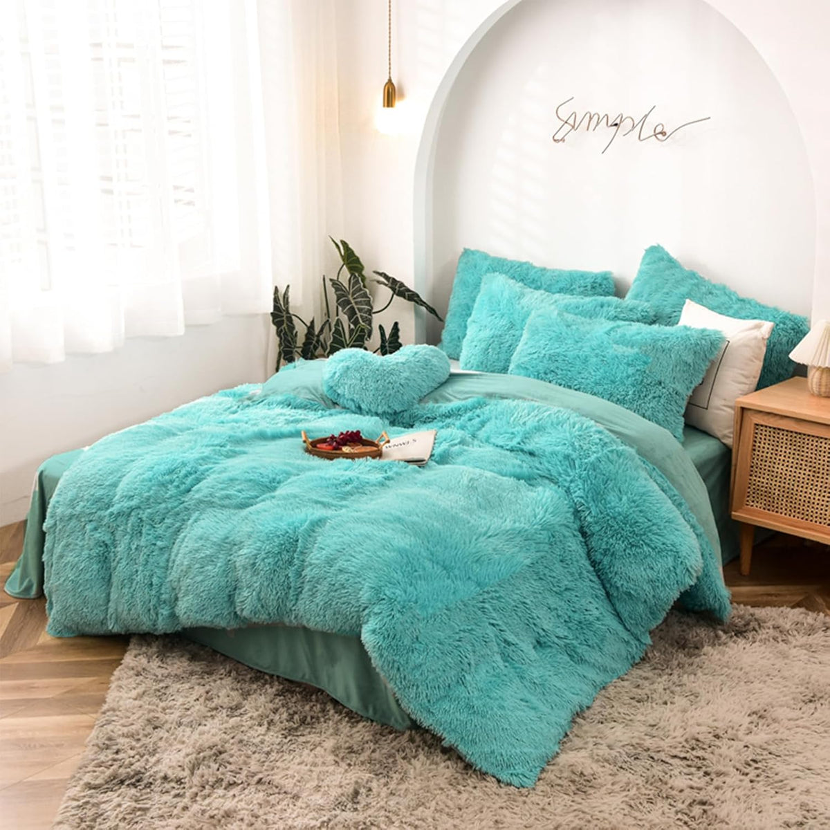 5-Piece Luxury Ultra-Soft Long Faux Fur Shaggy Duvet Cover Bedding Set (Aqua, King/California King)