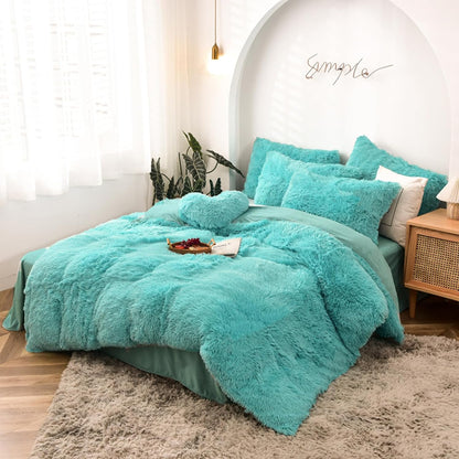 5-Piece Luxury Ultra-Soft Long Faux Fur Shaggy Duvet Cover Bedding Set (Aqua, King/California King)