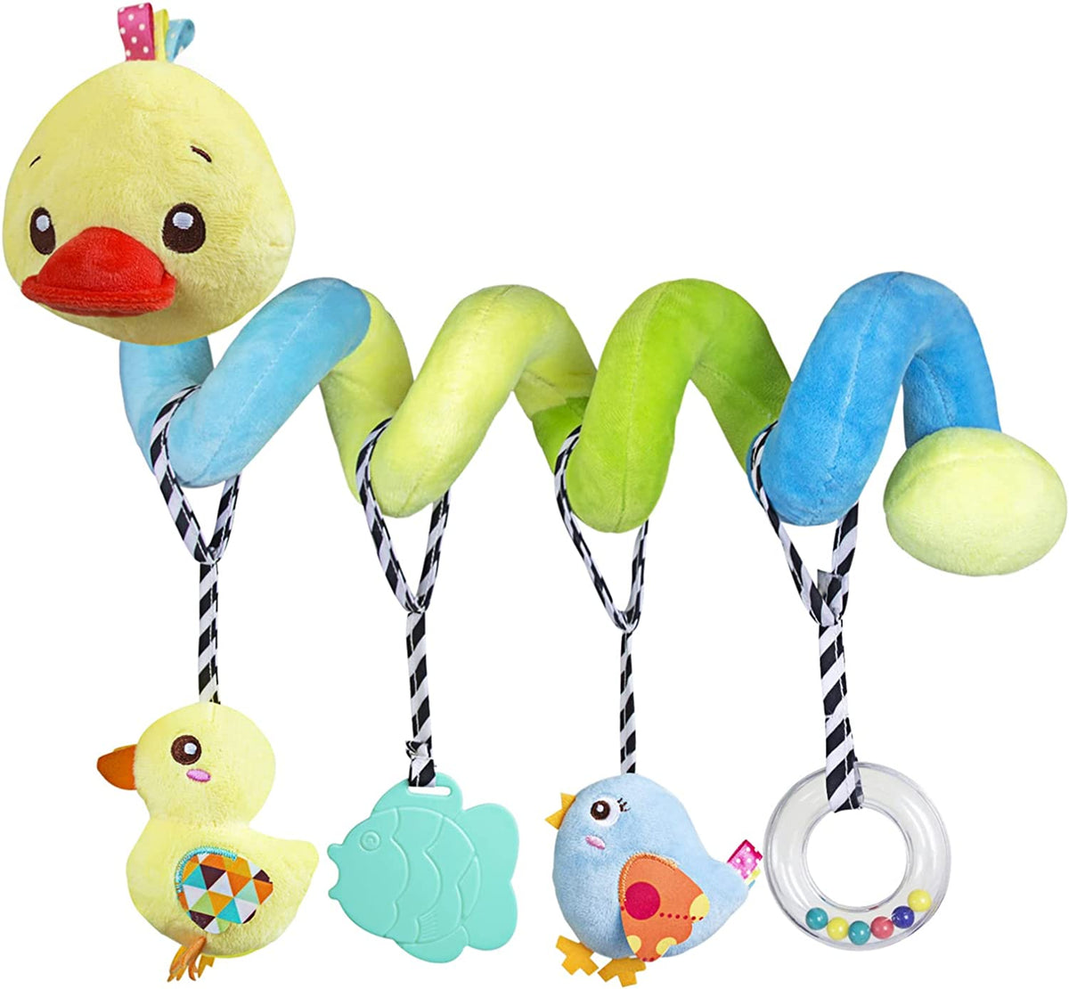 Plush Baby Car Seat Toys - Activity Spiral Hanging Pram Toys with Squeaker for Infants (Duck Design)
