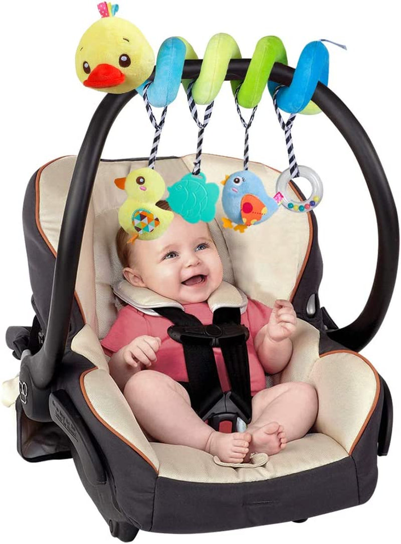 Plush Baby Car Seat Toys - Activity Spiral Hanging Pram Toys with Squeaker for Infants (Duck Design)