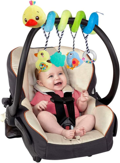 Plush Baby Car Seat Toys - Activity Spiral Hanging Pram Toys with Squeaker for Infants (Duck Design)